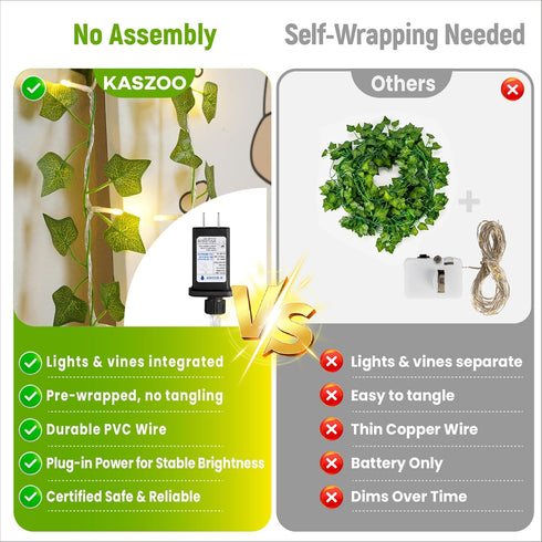 33FT 100 KASZOO LED Ivy Vine Lights - PVC Plug in Leaf String Lights with Remote & Timer, Pre-Wrapped Garland