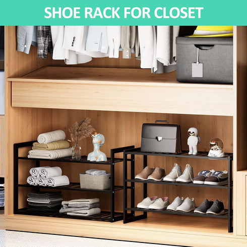 3 9-12 Closet Jripae Bamboo Shoe Rack for Entryway, Stackable Tier Shoe Organizer Shelf Storage Pairs Shoes Stand Cubby
