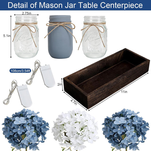 Mason Jar Centerpiece Table Decor for Dining Room Farmhouse Coffee Table Decor with Wood Tray Fairy Lights Fake Flowers