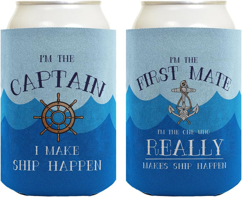 Captain First Mate Funny Boating Gifts Bundle 2 Pack Can Coolie Drink Coolers Waves