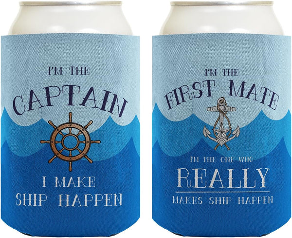 Captain First Mate Funny Boating Gifts Bundle 2 Pack Can Coolie Drink Coolers Waves