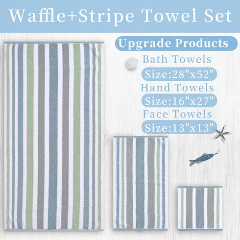 6 Pack 13"x13" Waffle Washcloths for Bathroom, Striped Wash Cloths - Cotton & Polyester | Quick Dry | Thick | Absorb