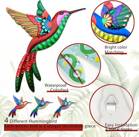 WHBIMGOOO 3D Metal Hummingbird Wall Decor - Outdoor Fence Decorations for Garden, Patio, Living Room (4 Pack)