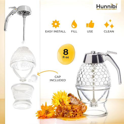 8oz 6" Hunnibi No Drip Glass Honey Dispenser with Plastic Top - Honeycomb-Style Syrup Server and Bee-Themed Storage Jar