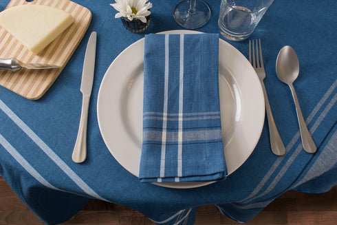 DII French Stripe Dining Table Collection, Farmhouse Style Tablecloth, 70 Inches Round, Blue Chambray