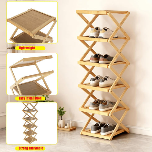 6 Closet(Original Tier Foldable Shoe Rack, Natural Bamboo Space Saving Shoe Storage Organizer,Easy Assembly & Strong