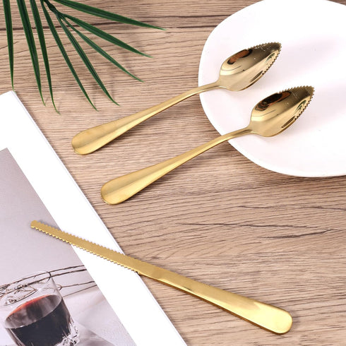 BOXOB 3pcs Set, Serrated Grapefruit Spoons and Knife Stainless Steel Grapefruit Curved Serving Utensils for Citrus