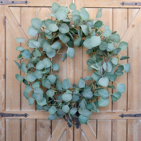 idyllic Eucalyptus Leaves Wreath, 22 Inches Round Green Metal Polyester Fabric Paper for Front Door Decor