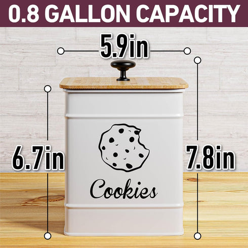 Large Cookie Jar with Airtight Bamboo Lid: 6"W x 6"D x 8"H White Iron Cookie Tin, Farmhouse Decorative Kitchen Counter