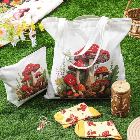 6 16oz Paterr Pcs Mushroom Themed Gifts for Women Christmas Canvas Tote Bag Makeup Bag Print Blanket Socks Glass Coffee