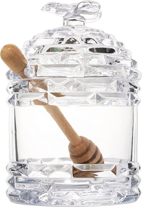 14oz Crystal Bee Honey Dish Jar with Dipper and Lid Elegant Glass Beehive Honey Pot for Rosh Hashanah, Holidays