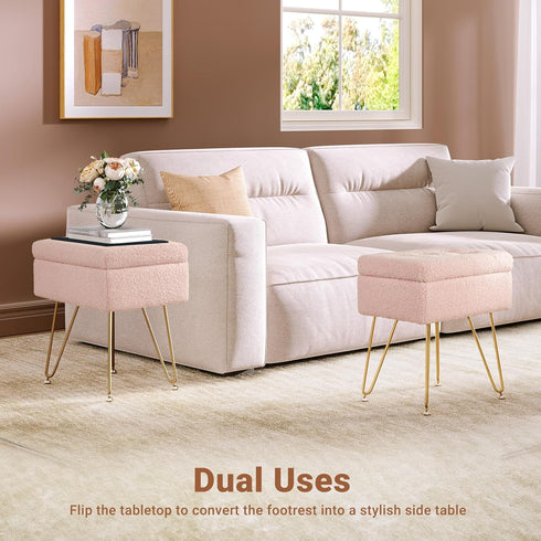 4 Seventable Vanity Stool Chair with Storage, Teddy Velvet Soft Ottoman, Metal Legs with Anti-Slip Feet, Furry Padded