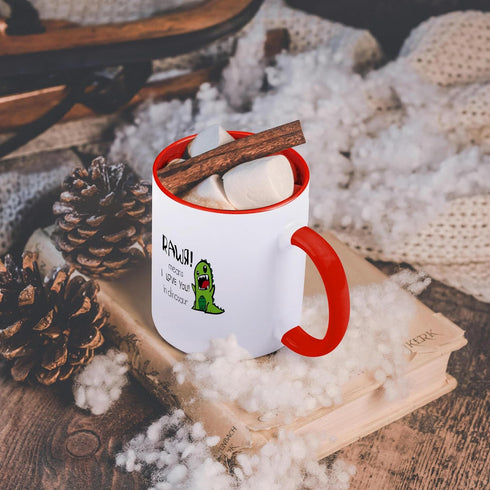 3dRose 11oz Two Tone Red Coffee Mug - Rawr Means I Love You in Dinosaur Design
