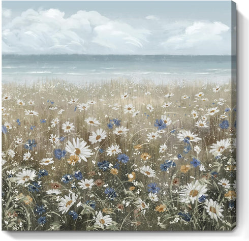Canvas Wall Art Beach Floral Picture, Coastal Boho Farmhouse Nautical Sea Ocean Wildflowers Vintage Artwork