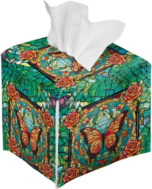 Butterfly Rose Print Tissue Case Cover Square, Waterproof Tissue Box Cover for Home Office, Foldable Kleenex Tissues Cube Boxes with Bottom Belt, Decorative Facial Tissue Cover, Green by Lotusorchid