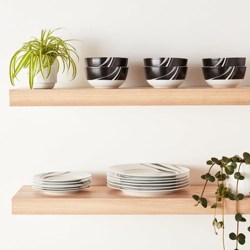 18-Piece Set, 6, Amazon Basics Complete Kitchen Dinnerware Microwave and Dishwasher Safe, Plates, Dishes, Bowls, Swirl