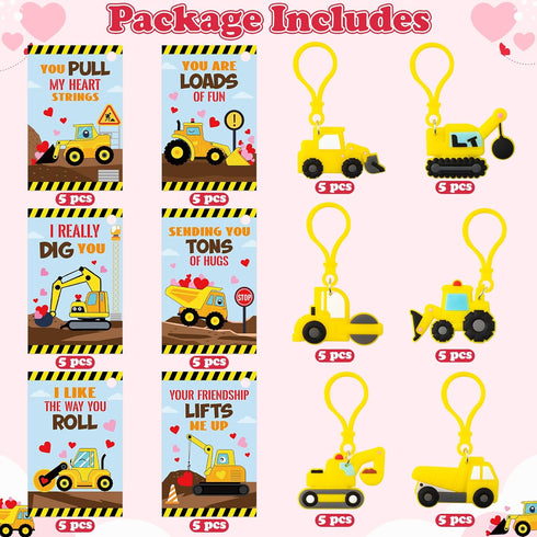 30 Pack Haooryx Valentine's Day Gift Cards with Construction Vehicles Keychains - Engineering Truck Keychain Key Rings
