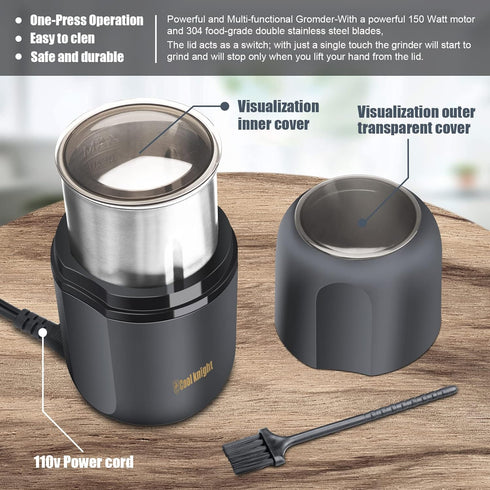 COOL KNIGHT Electric Herb Grinder, Large Capacity Spice and Coffee Grinder with Pollen Catcher, 7.5" Grey