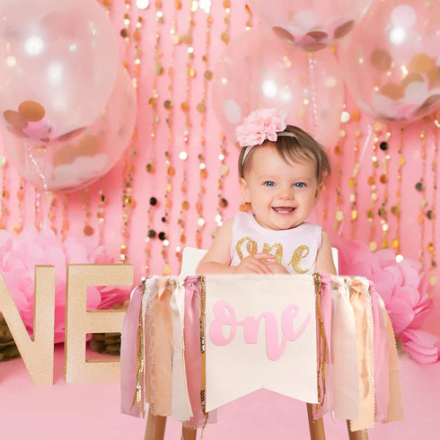 1st Girl Pink Theme Birthday High Chair Banner - Boho First Birthday Cake Smash Photo Decor (PINK ONE HF)