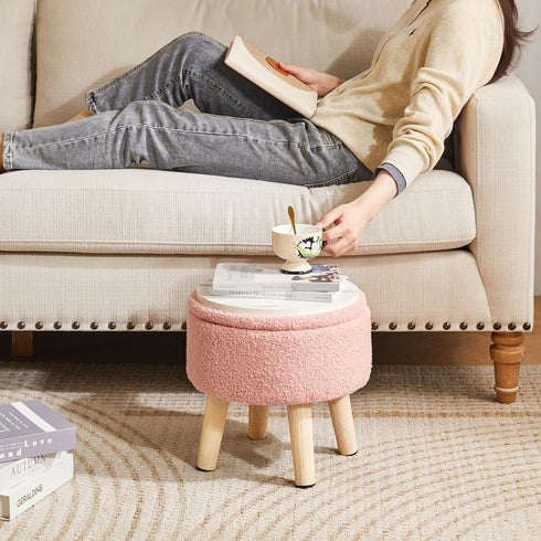 13 Inch WBD006P IBUYKE Foot Stool Ottoman with Storage, Round Small Foot Rest with Padded Seat and Wood Legs, Teddy