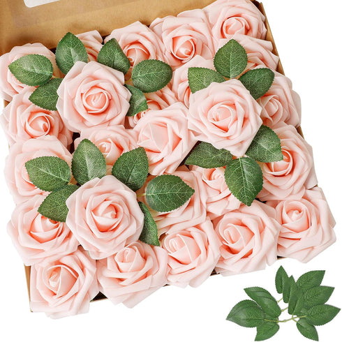 AmyHomie 25pcs Blush Pink Artificial Roses with Stem for DIY Wedding Bouquets, Centerpieces, Party Decorations