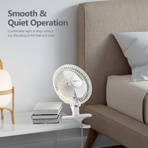 Air-Cooling 6-Inch Clip on Fan, 360° Rotation, Two Speed Portable Desk Fan with Strong Clamp Grip for Quiet Operation