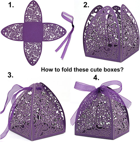 KPOSIYA Pack of 100 Laser Cut Rose Candy Boxes, 2.5"x 2.5"x 3.1", Gift Boxes for Bridal Shower, Birthday Party, Wedding