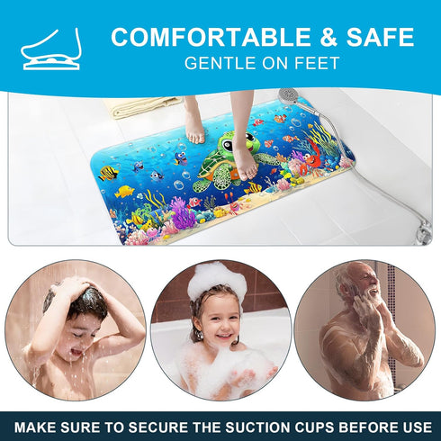 40''x16'' XIYUNTE Baby Bath Mat for Tub Non Slip Kids Bath Mat - Extra Long Cartoon Turtle Baby Bath Tub Mat