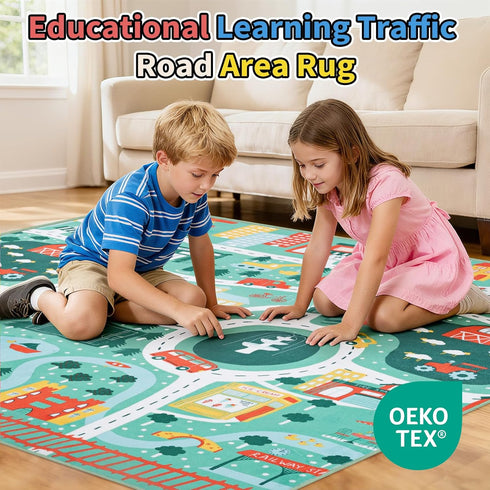 UKISS Rug55"x55" Educational Play Traffic Road Kids Car Mat,Non-Slip Washable City Kids Play Mat,Area Rug Kid Carpet