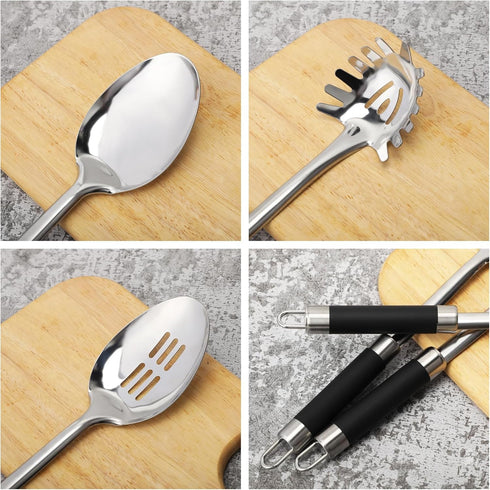 3-Piece Stainless Steel Serving Spoons Set with Slotted Spoon, Serving Spoon, and Spaghetti Spoon