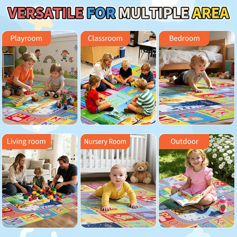 UKISS Words,55"x55"Washable ABC Kids Rug,Toddler Educational Play Rug for Learning Alphabet, Numbers, Colors, Seasons