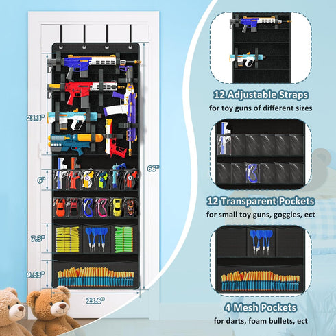 Over Door Toy Gun Storage, Hanging Organizer for Toy Guns, Hanging Toys Organizer with Pockets, Hook&Loop Straps