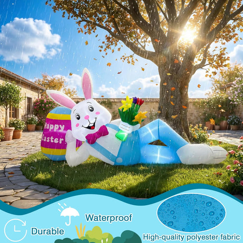 8FT OurWarm Easter Inflatables Outdoor Decorations, Lying Inflatable Easter Bunny Decor with Egg, Easter Blow Up Yard