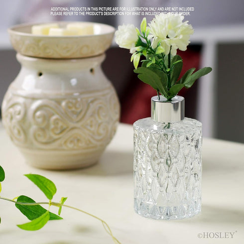 Hosley Set of 4 Mid Century Modern Glass Diffuser Bottles, 4 Inch High, Ideal for Essential Oils & DIY Crafts, O3 Silver