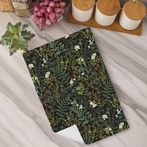 Vintage Botanical Kitchen Towels, Dark Green Fern Leaf Herbs Dish Towels, Olive Green Hand Towels, 16x24 Inches