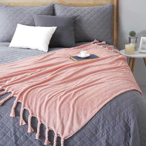 Homiest Cozy 50 60 Inch) Fleece Throw Blanket with Fringe, Soft & Flannel Light Pink Blanket, Lightweight Decorative