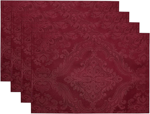 Elrene Home Fashions Caiden Elegance Damask Fabric Placemats, 13" x 19", Cranberry, Pack of 4