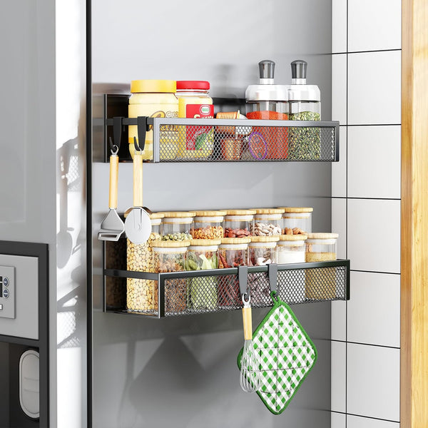 Magnetic Spice Rack for Refrigerator, 2 Pack Organizer with Moveable 4 Hooks, Magnetic Fridge Shelf for Kitchen Storage