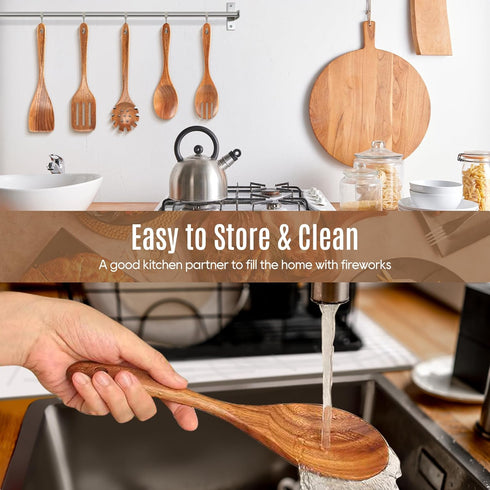 5 PCS Wooden Cooking Spoons, Natural Teak Kitchen Utensils, Smooth Non-Stick Surface, Soft Comfort-Grip