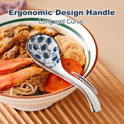 Set of 4 Asian Ceramic Soup Spoons, Long Handle for Ramen, Dumplings, Pho, Miso, Dishwasher Safe