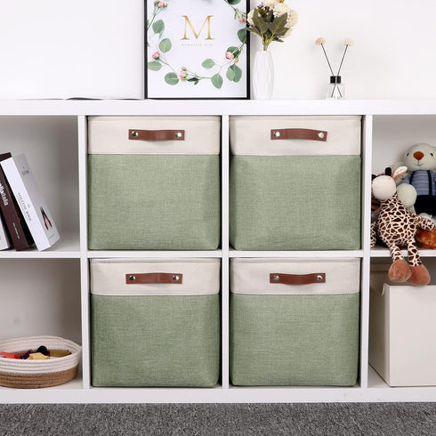 Temary Cube Storage Baskets for Shelves, 4-Pack Fabric Storage Basket for Organizing Clothes, 13 Inch, White & Green