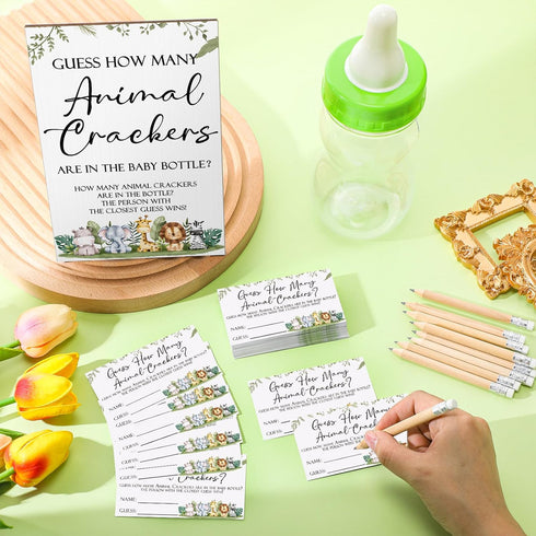 122 100 20 Dandat Pcs Woodland Safari Baby Shower Games Guess How Many Crackers Sign Guessing Cards Milk Bottle Pencils