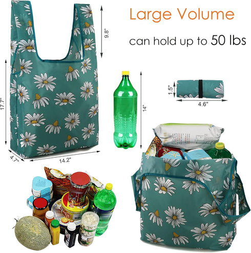 BeeGreen 12 Pack Large Flower Tote Bag - Heavy Duty Reusable Grocery Bags and Foldable Shopping Bags for Groceries