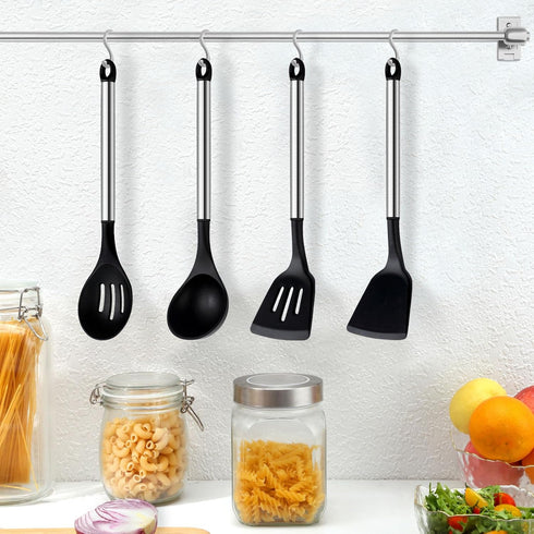 Pleafind 4-Pcs Silicone Cooking Utensils Set, Includes Wok Ladle, Slotted Spoon, Solid Spatula, Slotted Spatula,