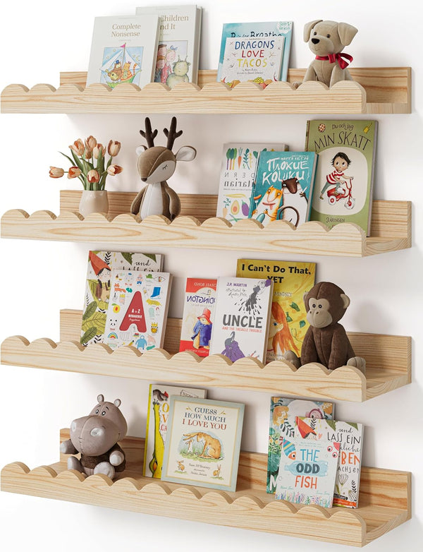 Shario Nursery Book Shelves, 4-Pack Wood Floating Shelves for Wall Kids, Scalloped Shelves,