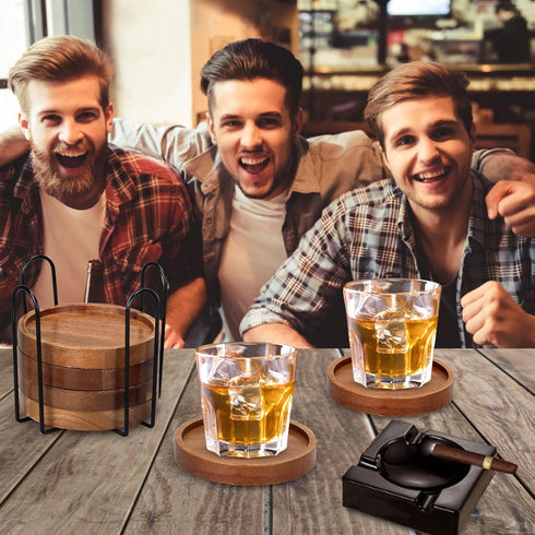 6 Set Pcs Best Wooden Coasters with Holder Coffee Table Decor Acacia Wood Coaster Modern Cup Coaster for Drink Home