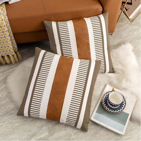 Pack of 2 Farmhouse Decorative Throw Pillow Covers, 18x18 Modern Faux Leather Rustic Stripe