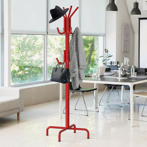 Simple Houseware Standing Coat and Hat Hanger Organizer Rack, 12 Hooks in Red