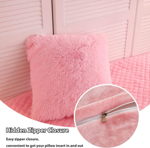 LIFEREVO 2 Pack Fluffy Faux Fur Pillow Shams, 18 x 18 Inches Luxury Decorative Cushion Covers, Pink, Zipper Closure
