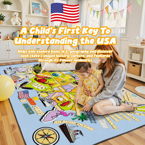 J Rombol 4x6, Educational USA Map Area Rug Playroom Bedroom Classroom Rug for Kids, Stain Resistant Toddler Baby